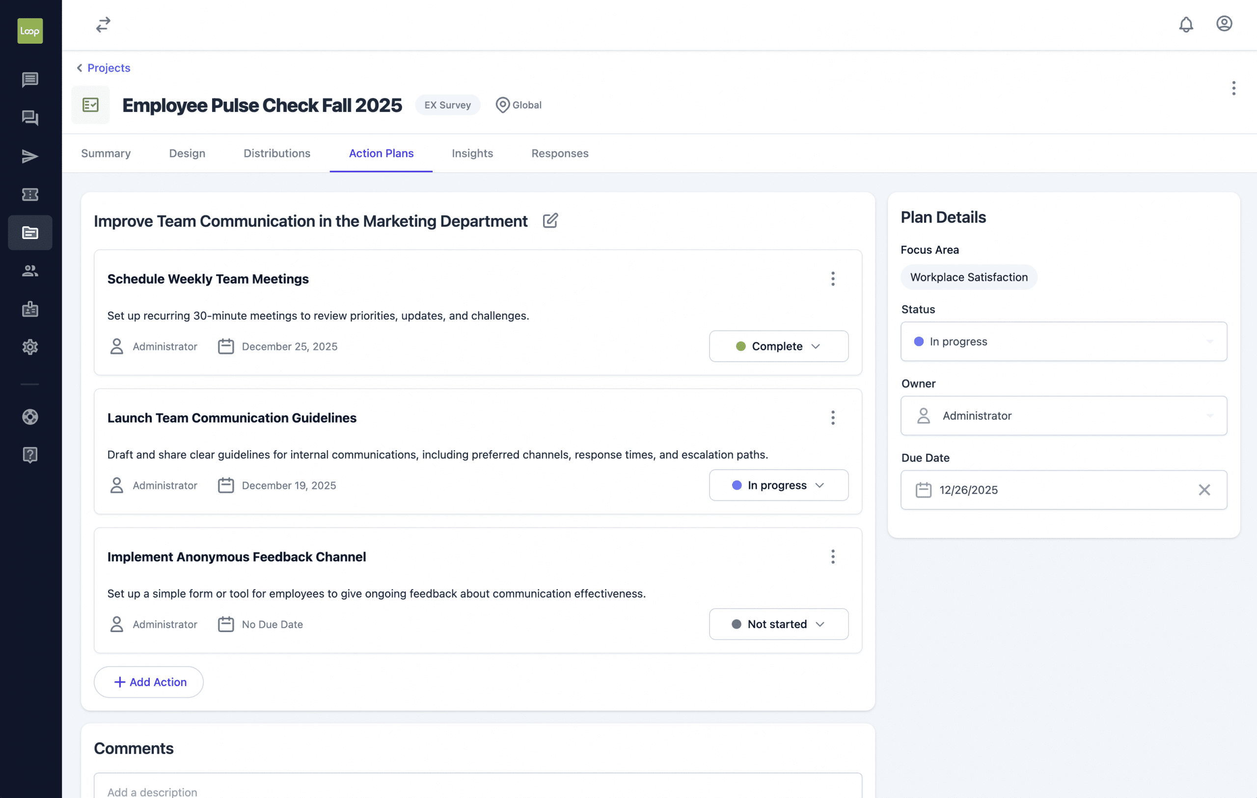Dashboard view of an Employee Pulse Check project showing action plans, task statuses, due dates, and plan details within the Loop platform.